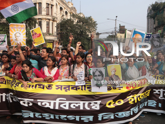 An unemployed primary teacher takes out a rally in Kolkata, India, on November 26, 2024, and blocks the arterial Dorina crossing in the hear...