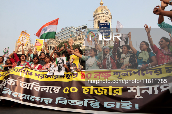 An unemployed primary teacher takes out a rally in Kolkata, India, on November 26, 2024, and blocks the arterial Dorina crossing in the hear...