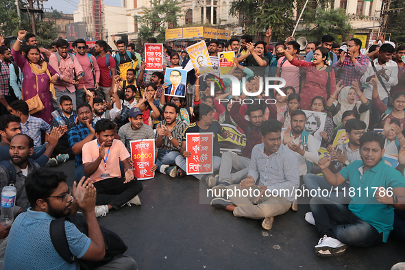 An unemployed primary teacher takes out a rally in Kolkata, India, on November 26, 2024, and blocks the arterial Dorina crossing in the hear...