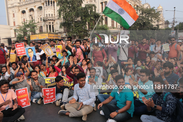 An unemployed primary teacher takes out a rally in Kolkata, India, on November 26, 2024, and blocks the arterial Dorina crossing in the hear...