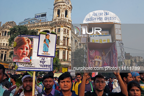 An unemployed primary teacher takes out a rally in Kolkata, India, on November 26, 2024, and blocks the arterial Dorina crossing in the hear...