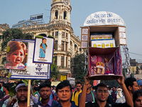 An unemployed primary teacher takes out a rally in Kolkata, India, on November 26, 2024, and blocks the arterial Dorina crossing in the hear...