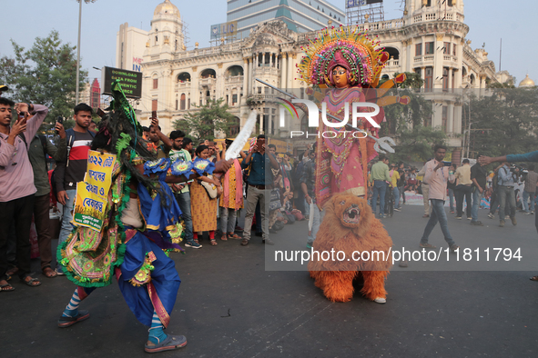 An unemployed primary teacher takes out a rally in Kolkata, India, on November 26, 2024, and blocks the arterial Dorina crossing in the hear...