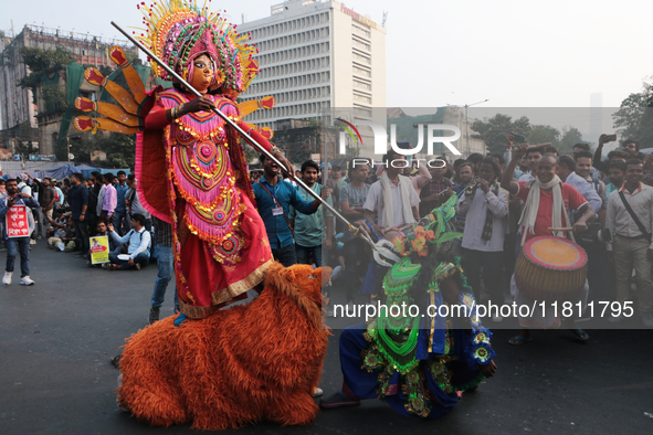 An unemployed primary teacher takes out a rally in Kolkata, India, on November 26, 2024, and blocks the arterial Dorina crossing in the hear...