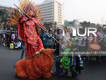 An unemployed primary teacher takes out a rally in Kolkata, India, on November 26, 2024, and blocks the arterial Dorina crossing in the hear...