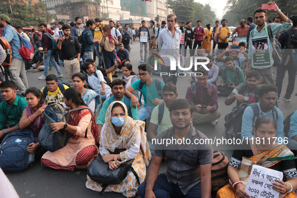 An unemployed primary teacher takes out a rally in Kolkata, India, on November 26, 2024, and blocks the arterial Dorina crossing in the hear...