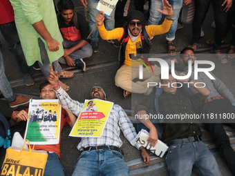 An unemployed primary teacher takes out a rally in Kolkata, India, on November 26, 2024, and blocks the arterial Dorina crossing in the hear...