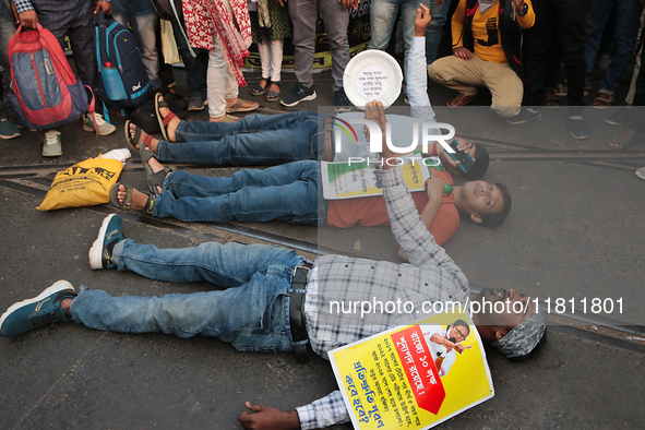 An unemployed primary teacher takes out a rally in Kolkata, India, on November 26, 2024, and blocks the arterial Dorina crossing in the hear...