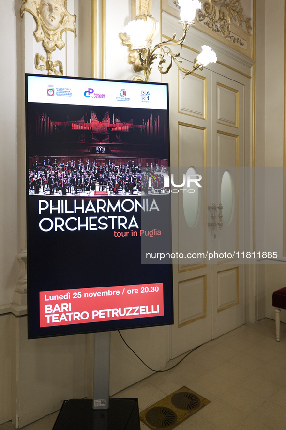 The London Philharmonic Orchestra, conducted by Alessandro Crudele, performs at the historic Teatro Petruzzelli in Bari, Italy, on November...