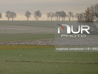 KRAKOW, POLAND - NOVEMBER 19:   
A typical November landscape with grey frozen fields and leafless trees, seen from a Krakow-Warsaw train wi...