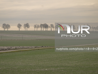 KRAKOW, POLAND - NOVEMBER 19:   
A typical November landscape with grey frozen fields and leafless trees, seen from a Krakow-Warsaw train wi...