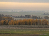 KRAKOW, POLAND - NOVEMBER 19:   
A typical November landscape with grey frozen fields and leafless trees, seen from a Krakow-Warsaw train wi...