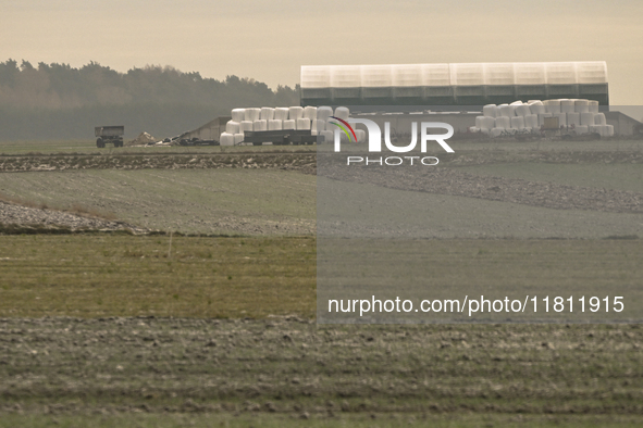 KRAKOW, POLAND - NOVEMBER 19:   
Images of frozen fields and a small farm preparing for winter, seen from a train window as the season chang...