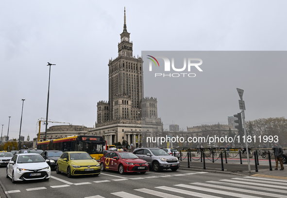 WARSAW, POLAND - NOVEMBER 19:   
The Palace of Culture and Science in Warsaw on a cold November day, on November 19, 2024 in Warsaw, Poland....