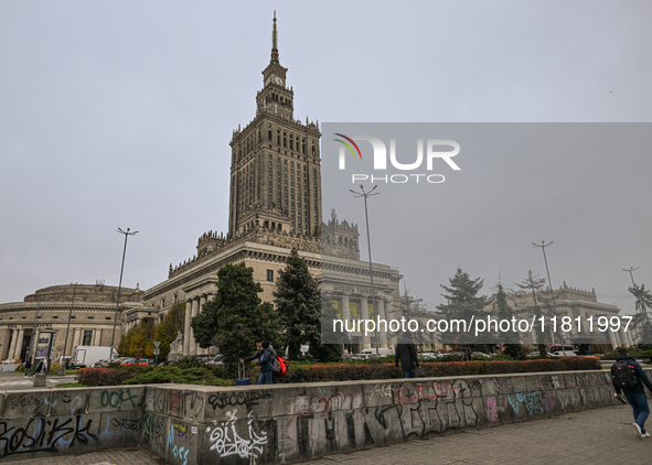 WARSAW, POLAND - NOVEMBER 19:   
The Palace of Culture and Science in Warsaw on a cold November day, on November 19, 2024 in Warsaw, Poland....