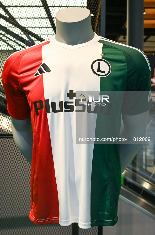 WARSAW, POLAND - NOVEMBER 19:   
The newest Legia Warsaw football jersey displayed at the Adidas store in Warsaw, on November 19, 2024 in Wa...