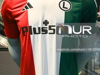 WARSAW, POLAND - NOVEMBER 19:   
The newest Legia Warsaw football jersey displayed at the Adidas store in Warsaw, on November 19, 2024 in Wa...