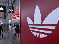 WARSAW, POLAND - NOVEMBER 19:   
The Adidas logo displayed on a store facade, on November 19, 2024 in Warsaw, Poland. (