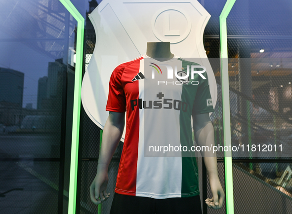 WARSAW, POLAND - NOVEMBER 19:   
The newest Legia Warsaw football jersey displayed at the Adidas store in Warsaw, on November 19, 2024 in Wa...