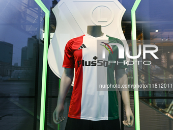 WARSAW, POLAND - NOVEMBER 19:   
The newest Legia Warsaw football jersey displayed at the Adidas store in Warsaw, on November 19, 2024 in Wa...