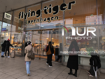 WARSAW, POLAND - NOVEMBER 19:   
The 'Flying Tiger Copenhagen' logo displayed at the entrance to a retail store, on November 19, 2024 in War...