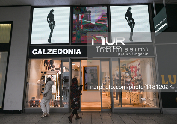 WARSAW, POLAND - NOVEMBER 19:   
The Calzedonia and Intimissimi logos displayed at the entrance to a retail store, on November 19, 2024 in W...