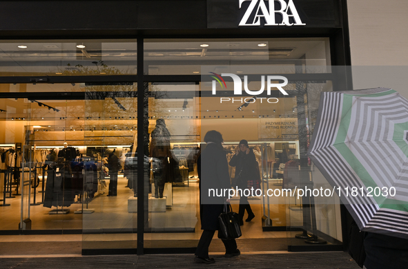 WARSAW, POLAND - NOVEMBER 19:   
The ZARA logo displayed at the entrance to a retail store, on November 19, 2024 in Warsaw, Poland. 