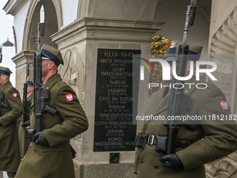 WARSAW, POLAND - NOVEMBER 19:   
The Changing of the Guard at the Tomb of the Unknown Soldier, on November 19, 2024 in Warsaw, Poland. (