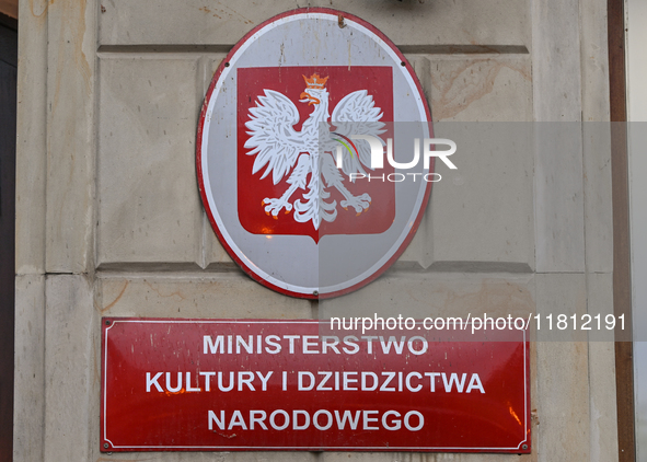 WARSAW, POLAND - NOVEMBER 19:   
The 'Ministerstwo Kultury i Dziedzictwa Narodowego' (Ministry of Culture and National Heritage) sign in War...