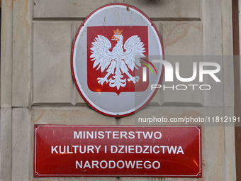 WARSAW, POLAND - NOVEMBER 19:   
The 'Ministerstwo Kultury i Dziedzictwa Narodowego' (Ministry of Culture and National Heritage) sign in War...