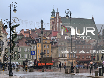 WARSAW, POLAND - NOVEMBER 19:   
Christmas decorations being set up in the streets of central Warsaw in preparation for the holiday season,...