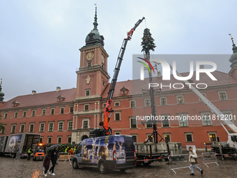 WARSAW, POLAND - NOVEMBER 19:   
Christmas tree and decorations being set up in front of the Royal Castle in Warsaw, preparing for the holid...