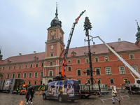 WARSAW, POLAND - NOVEMBER 19:   
Christmas tree and decorations being set up in front of the Royal Castle in Warsaw, preparing for the holid...