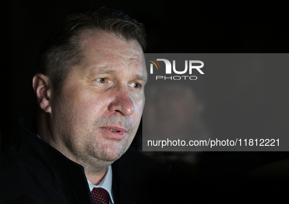 KRAKOW, POLAND - NOVEMBER 24:
Przemyslaw Czarnek, Law and Justice party MP, speaks to the media as he leaves the venue where Karol Nawrocki...