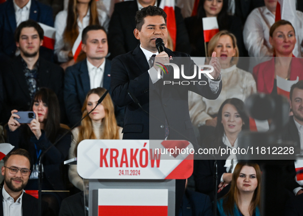 KRAKOW, POLAND - NOVEMBER 24:
Lucjusz Nadberezny, Mayor of Stalowa Wola and a member of the opposition Law and Justice party, introduces Kar...