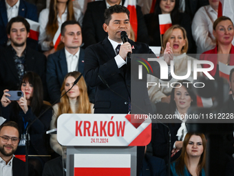 KRAKOW, POLAND - NOVEMBER 24:
Lucjusz Nadberezny, Mayor of Stalowa Wola and a member of the opposition Law and Justice party, introduces Kar...