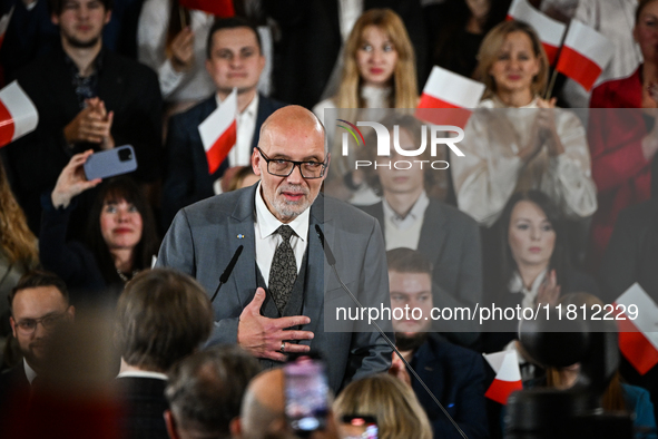 KRAKOW, POLAND - NOVEMBER 24:
Andrzej Nowak,  a Polish historian and journalist, introduces Karol Nawrocki as the party's candidate for the...