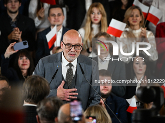 KRAKOW, POLAND - NOVEMBER 24:
Andrzej Nowak,  a Polish historian and journalist, introduces Karol Nawrocki as the party's candidate for the...