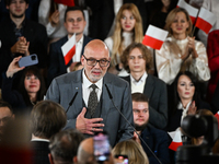 KRAKOW, POLAND - NOVEMBER 24:
Andrzej Nowak,  a Polish historian and journalist, introduces Karol Nawrocki as the party's candidate for the...