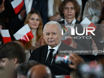 KRAKOW, POLAND - NOVEMBER 24:
Jaroslaw Kaczynski (Center), leader of the opposition Law and Justice party, addresses the crowd during the no...