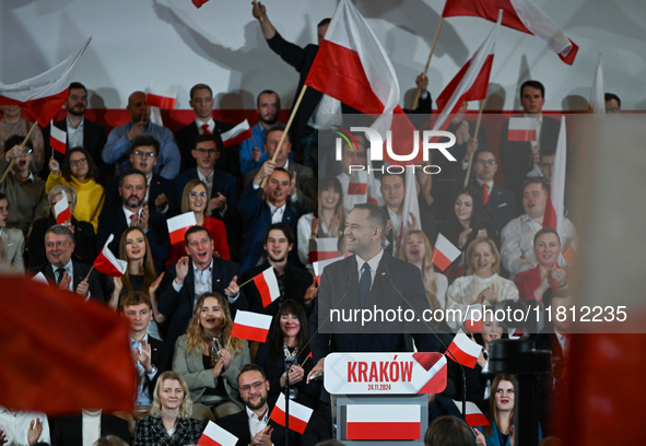 KRAKOW, POLAND - NOVEMBER 24:
Karol Nawrocki, the Law and Justice (PiS) party's candidate for the 2025 presidential election, during his spe...