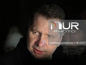 KRAKOW, POLAND - NOVEMBER 24:
Przemyslaw Czarnek, Law and Justice party MP, speaks to the media as he leaves the venue where Karol Nawrocki...