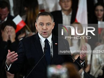 KRAKOW, POLAND - NOVEMBER 24:
Karol Nawrocki, the Law and Justice (PiS) party's candidate for the 2025 presidential election, during his spe...