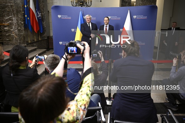 Ukrainian FM Andrii Sybiha meets with his counterpart Radoslaw Sikorski at the Ministry of Foreign Affairs in Warsaw, Poland on 26 November,...