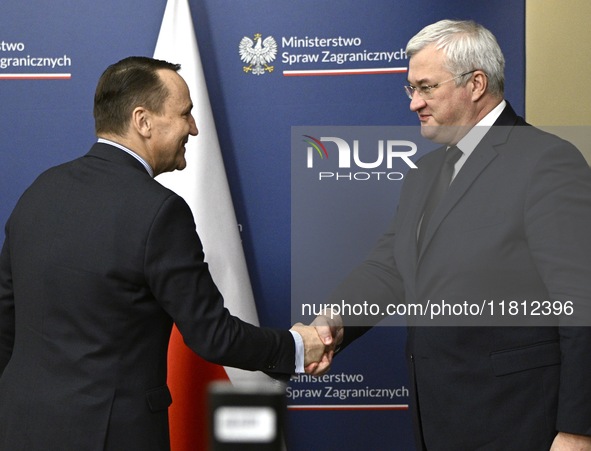 Ukrainian FM Andrii Sybiha meets with his counterpart Radoslaw Sikorski at the Ministry of Foreign Affairs in Warsaw, Poland on 26 November,...