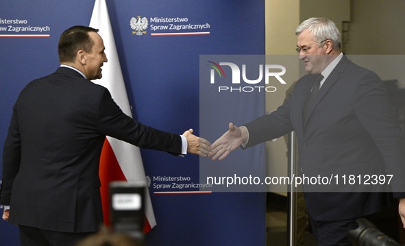 Ukrainian FM Andrii Sybiha meets with his counterpart Radoslaw Sikorski at the Ministry of Foreign Affairs in Warsaw, Poland on 26 November,...