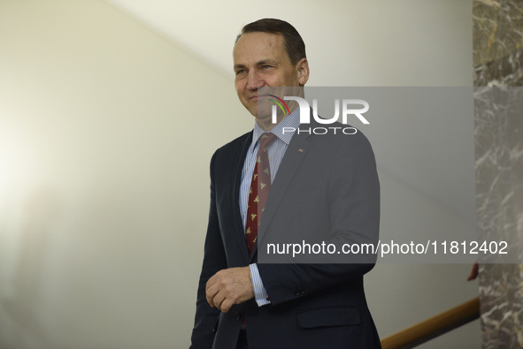 Poland's Minister of Foreign Affairs, Radoslaw Sikorski, arrives at the meeting with Ukraine's Foreign Affairs Minister, Andrii Sybiha, befo...