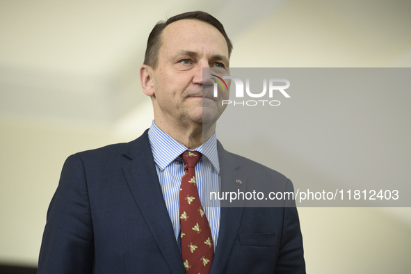 Poland's Minister of Foreign Affairs, Radoslaw Sikorski, arrives at the meeting with Ukraine's Foreign Affairs Minister, Andrii Sybiha, befo...