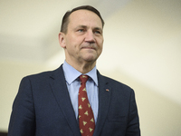 Poland's Minister of Foreign Affairs, Radoslaw Sikorski, arrives at the meeting with Ukraine's Foreign Affairs Minister, Andrii Sybiha, befo...