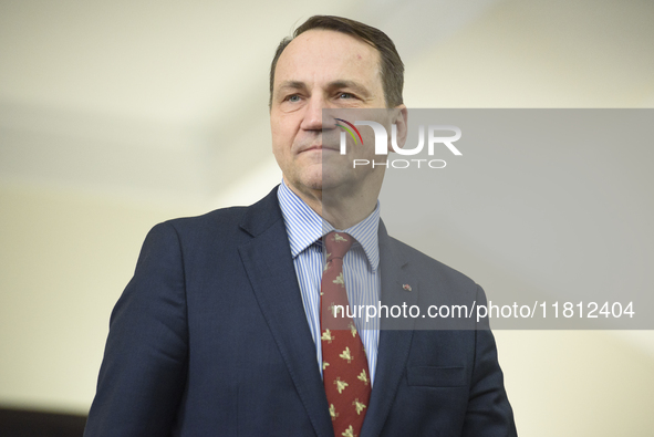 Poland's Minister of Foreign Affairs, Radoslaw Sikorski, arrives at the meeting with Ukraine's Foreign Affairs Minister, Andrii Sybiha, befo...